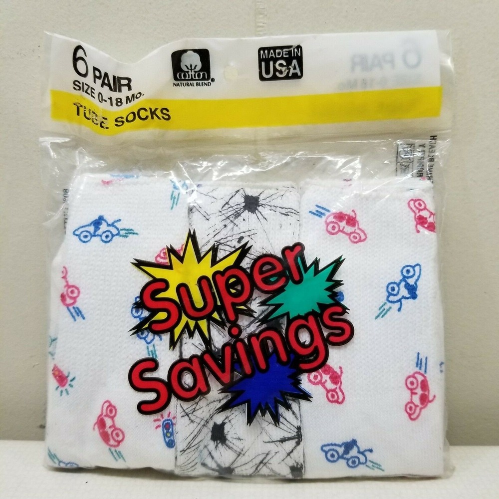 6 Pairs‎ Tube Socks 0 To 18 Month Cotton Car Dino Ball Print USA Vintage NOS